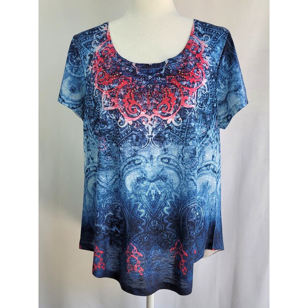 White Stag Patriotic Red White Blue Paisley 4th of July Rhinestone Blouse Size L